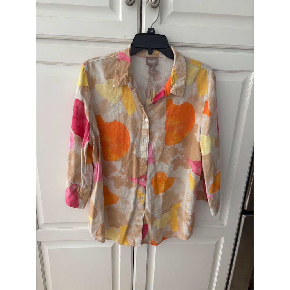 Chicos Colorful Abstract Print Linen Blend Button Down Shirt Size 2